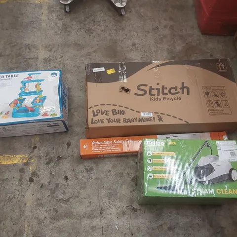 PALLET CONTAINING A LARGE QUANTITY OF ASSORTED ITEMS INCLUDING: ROLIPO STEAM CLEANER, RETRACTABLE SAFETY GATE, STITCH KIDS BIKE, WATER TABLE GAME ECT