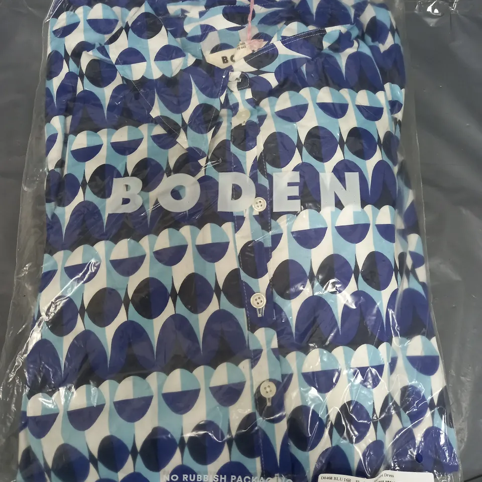 BAGGED BODEN FLO COTTON MIDI SHIRT DRESS IN BLUE MULTI - UK 16R