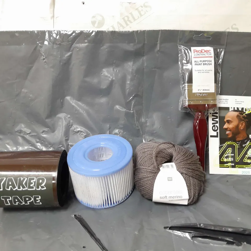 BOX OF APPROXIMATELY 14 ASSORTED ITEMS TO INCLUDE - YAKER TAPE , ESSENTAILS SOFT MERINO , PRODEC ALL PURPOSE BRUSH ETC