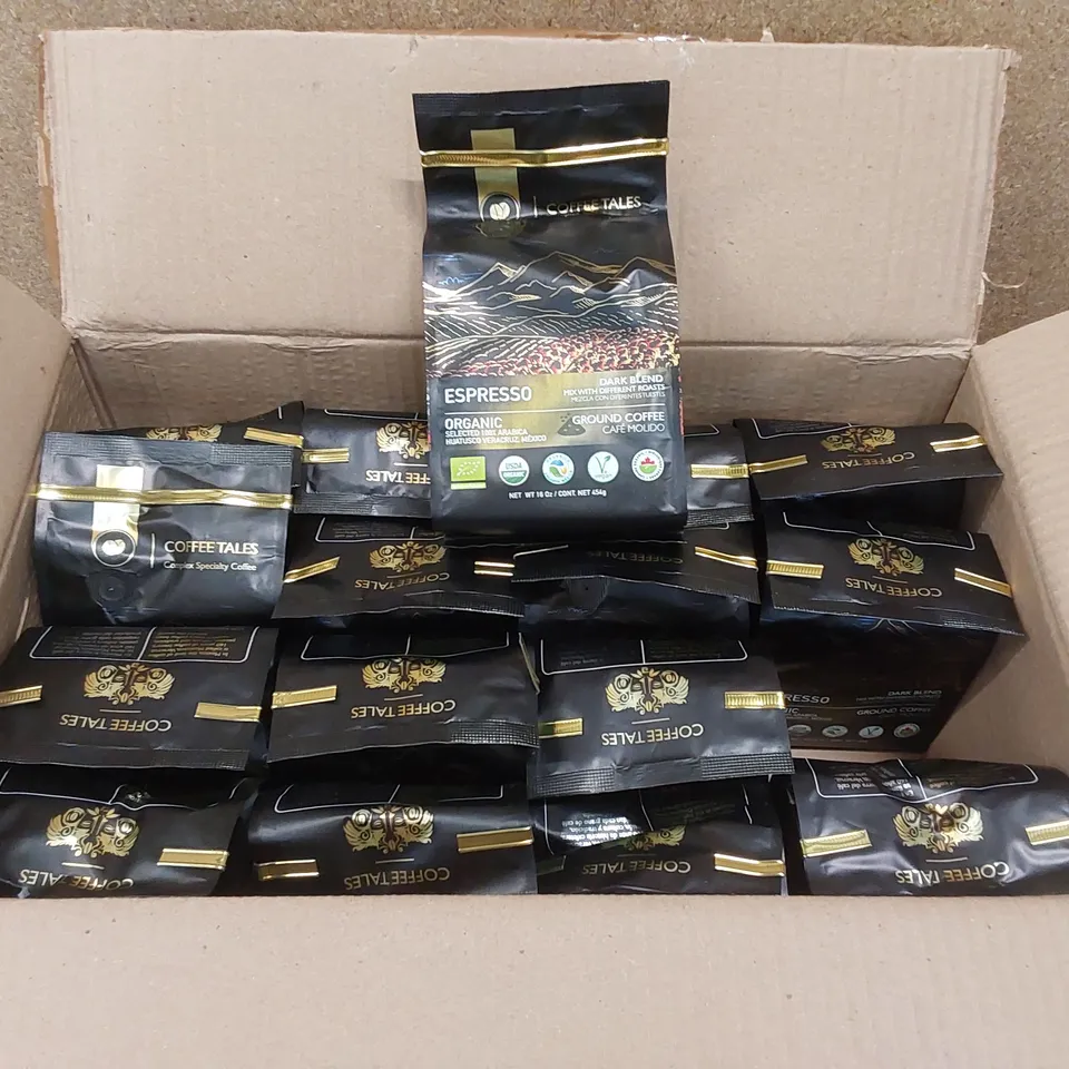 BOX OF APPROX 16 X BAGS OF COFFEE TALES DARK BLEND ESPRESSO GROUND COFFEE - 454g PER BAG // EXP: 27/04/25