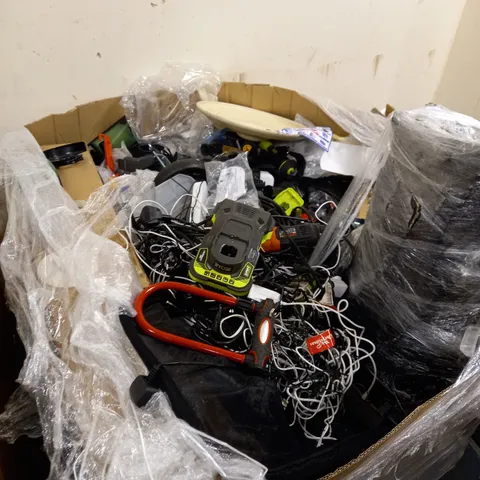 PALLET OF ASSORTED WIRES AND TOOLS INCLUDING BATTERIES HANDLES LOCKS AND SPARE PARTS