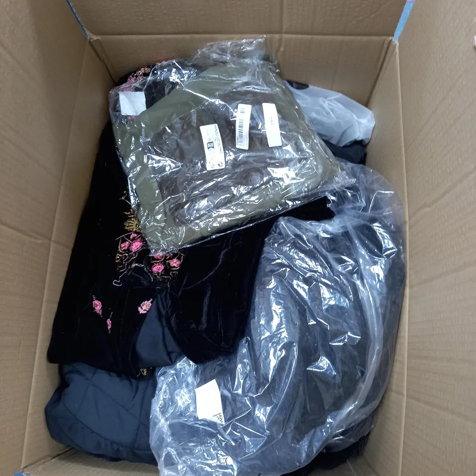 LARGE BOX OF ASSORTED CLOTHING ITEMS IN VARIOUS COLOURS AND SIZES INCLUDING TROUSERS , TOPS AND JUMPERS 