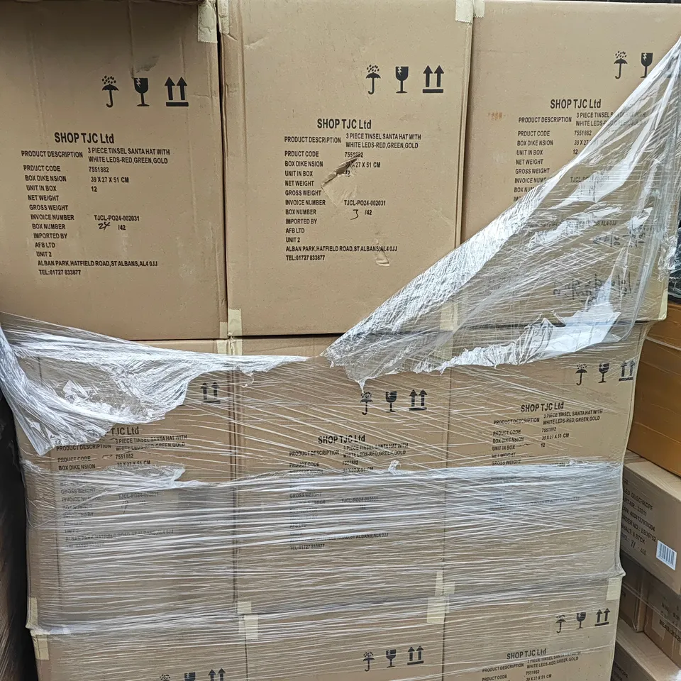 PALLET OF APPROXIMATELY 300 X 3 PIECE TINSEL SANTA HAT - WHITE LED - RED , GREEN AND GOLD 