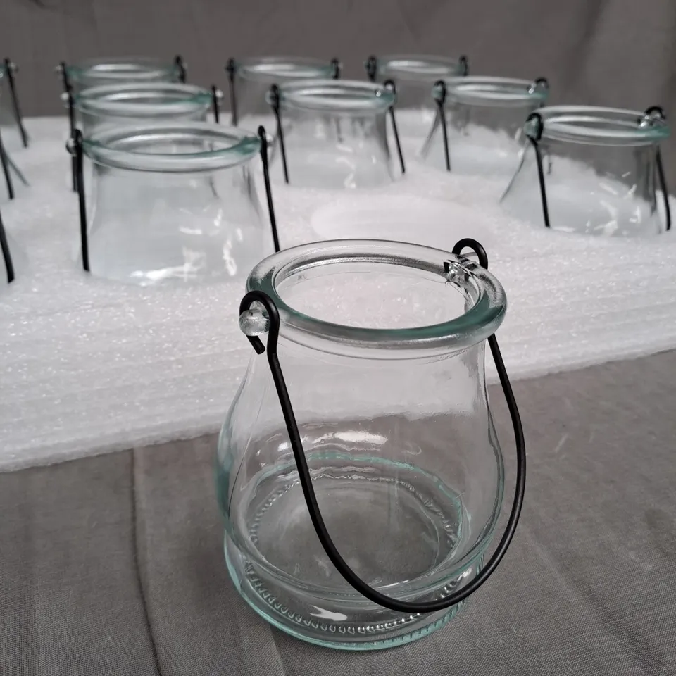 SET OF 12 GLASS BLACK HANDLE CANDLE LANTERN HOLDERS 