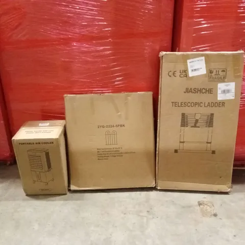 PALLET OF ASSORTED HOUSEHOLD GOODS AND PRODUCTS TO INCLUDE; CEILING FAN LIGHT, PORTABLE AIR COOLER, METAL GARDEN FENCE, TELESCOPIC LADDER ETC