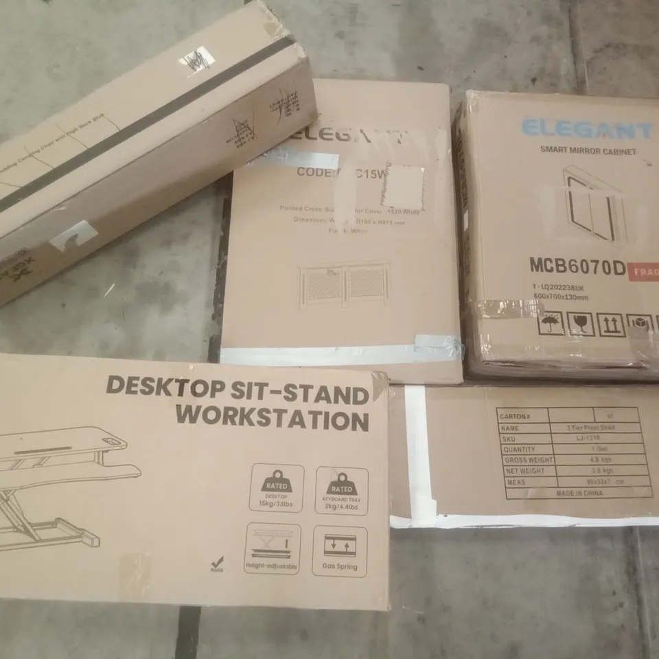 PALLET OF ASSORTED ITEMS INCLUDING ELEGANT SMART MIRROR CABINET, 3 TIER PLANT SHELF, DESKTOP SIT-STAND WORKSTATION, XGEAR HARD ARM PADDING CAMPING CHAIR, ELEGANT RADIATOR COVER 