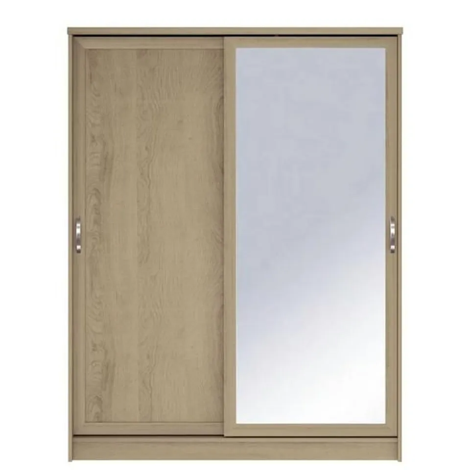 BOXED CAMBERLEY 2 DOOR MIRRORED SLIDING DOORS WARDROBE - LIGHT OAK (3 BOXES)