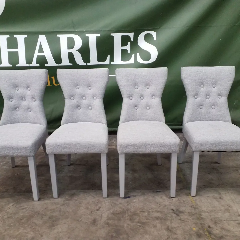 SET OF 4 BEWLEY LIGHT GREY FABRIC BUTTON BACK DINING CHAIRS (GREY LEG)