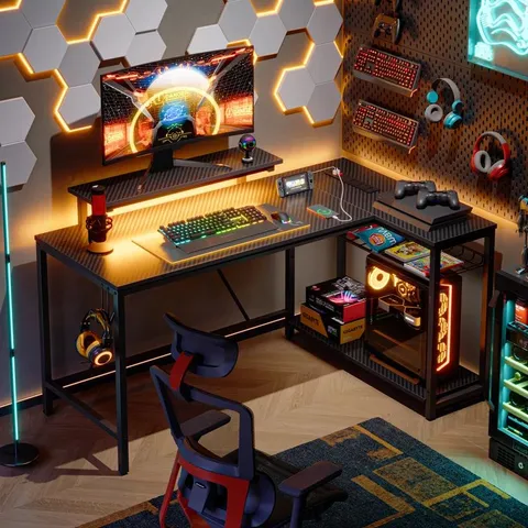 BOXED BAFORD L-SHAPED COMPUTER DESK WITH POWER OUTLET, GAMING DESK WITH MONITOR STAND  