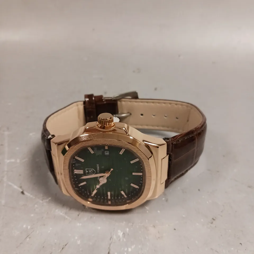 MENS FRANK SCHMIDT WATCH – TEXTURED DIAL WITH DATE – LEATHER STRAP- MODEL: FSL AMBASSADOR – 3ATM WATER RESISTANT