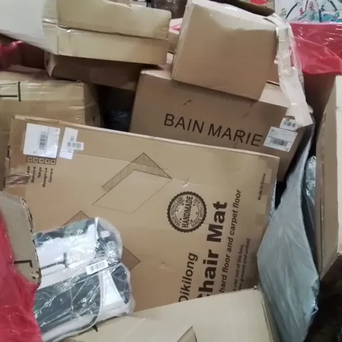 PALLET CONTAINING VARIOUS ASSORTED BOXED HOUSEHOLD ITEMS TO INCLUDE: CHAIR MATS, BAIN MARIE, BED GUARD RAIL, PET CAR CARRIER  AND LOTS MORE UNMARKED BOXED ITEMS 