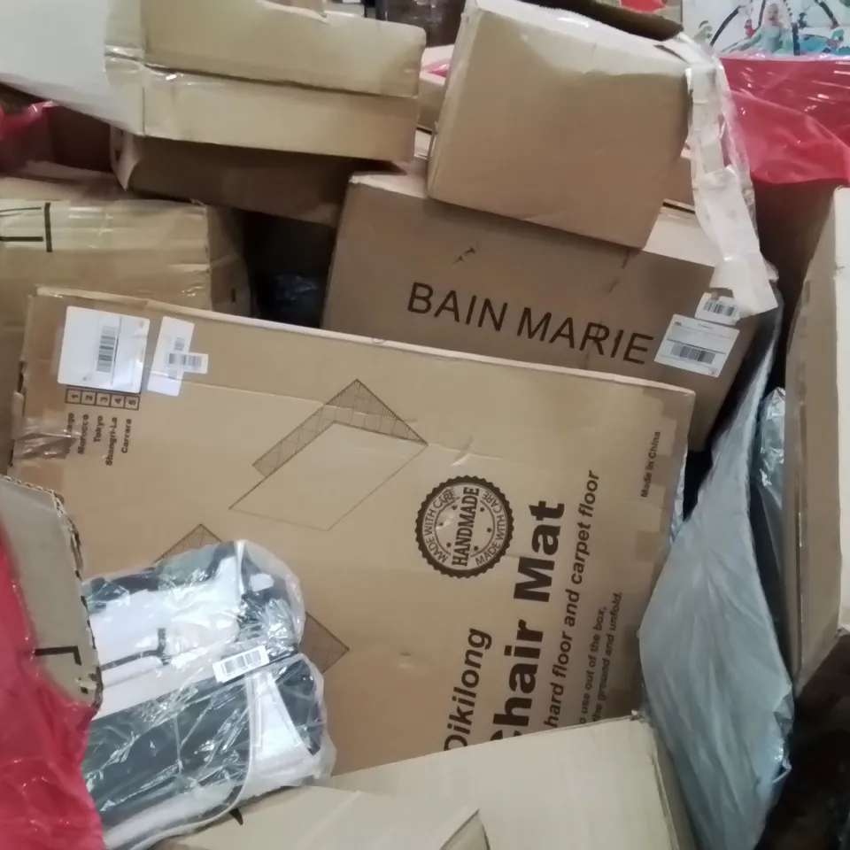 PALLET CONTAINING VARIOUS ASSORTED BOXED HOUSEHOLD ITEMS TO INCLUDE: CHAIR MATS, BAIN MARIE, BED GUARD RAIL, PET CAR CARRIER  AND LOTS MORE UNMARKED BOXED ITEMS 