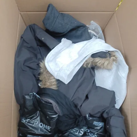 BOX OF APPROX. 25 ASSORTED CLOTHING VARYING IN SIZE/COLOUR/STYLE TO INCLUDE: TOPS, TROUSERS, JUMPERS