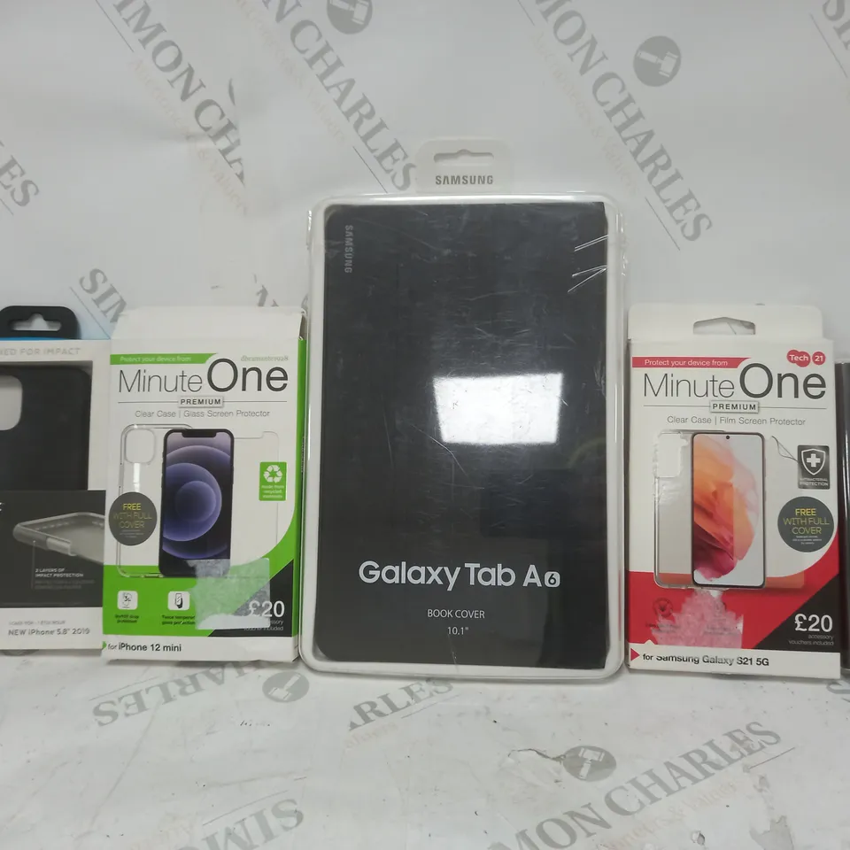 BOX OF APPROX 20 ASSORTED CASES TO INCLUDE - SAMSUNG GALAXY TAB A6 - SAMSUNG GALAXY NOTE 20 ULTRA 5G - IPHONE 12 MINI SCREEN PROTECTOR ECT