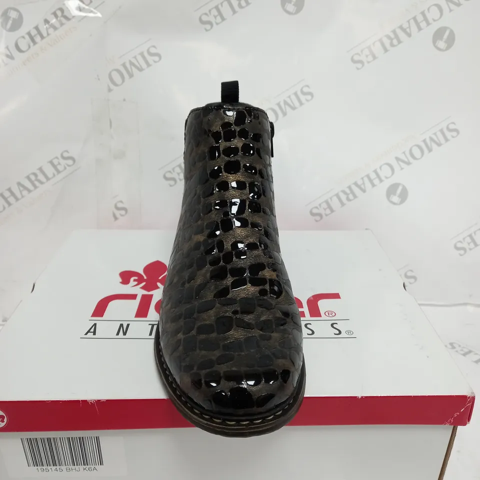 BOXED RIEKER METALLIC ANKLE BOOTS, BRONZE - SIZE 6.5