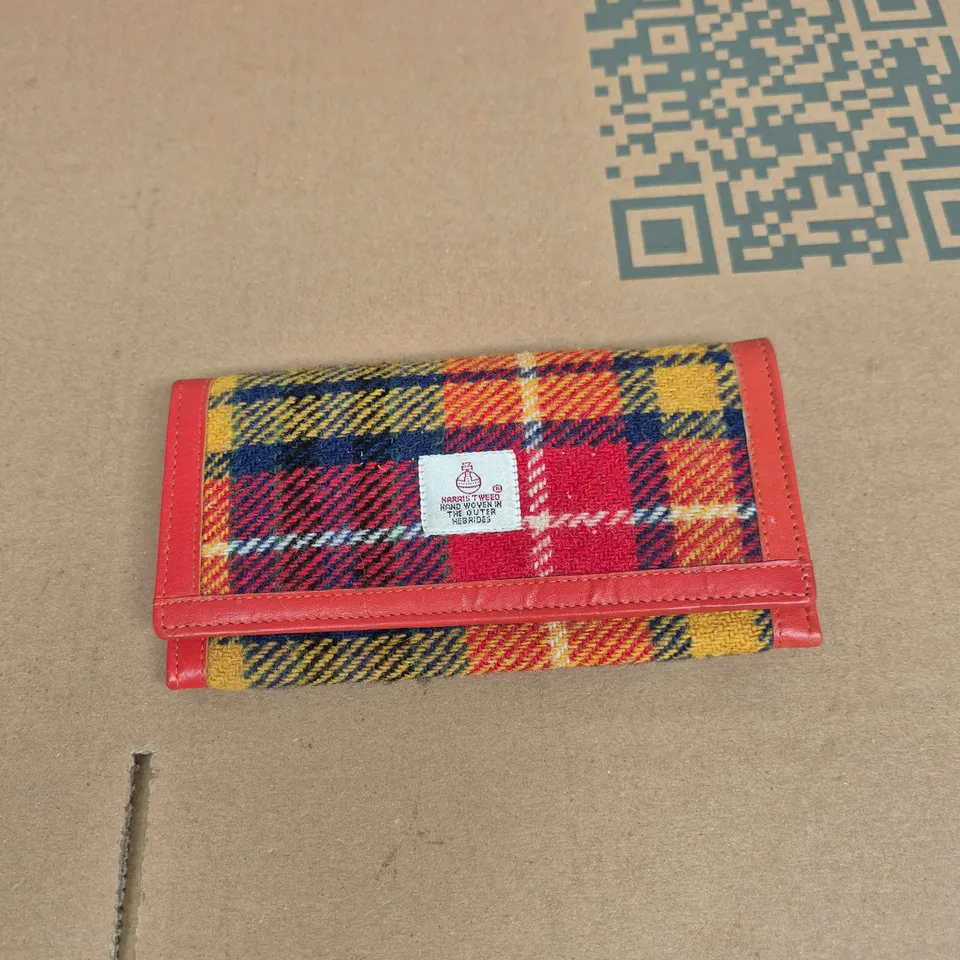 HARRIS TWEED WALLET – TARTAN PLAID WITH RED LEATHER TRIM