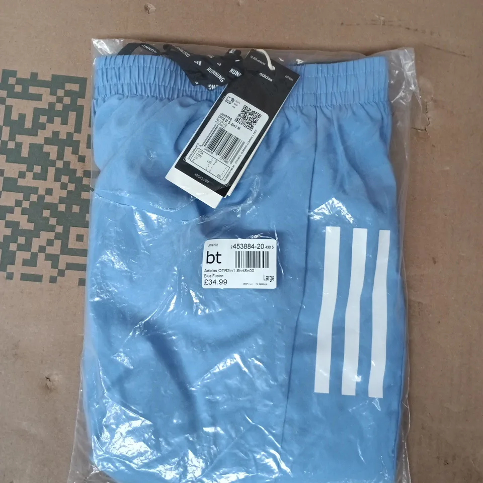 BAGGED ADIDAS OWN THE RUN CLIMACOOL 2-IN-1 SHORTS IN BLUE SIZE LARGE