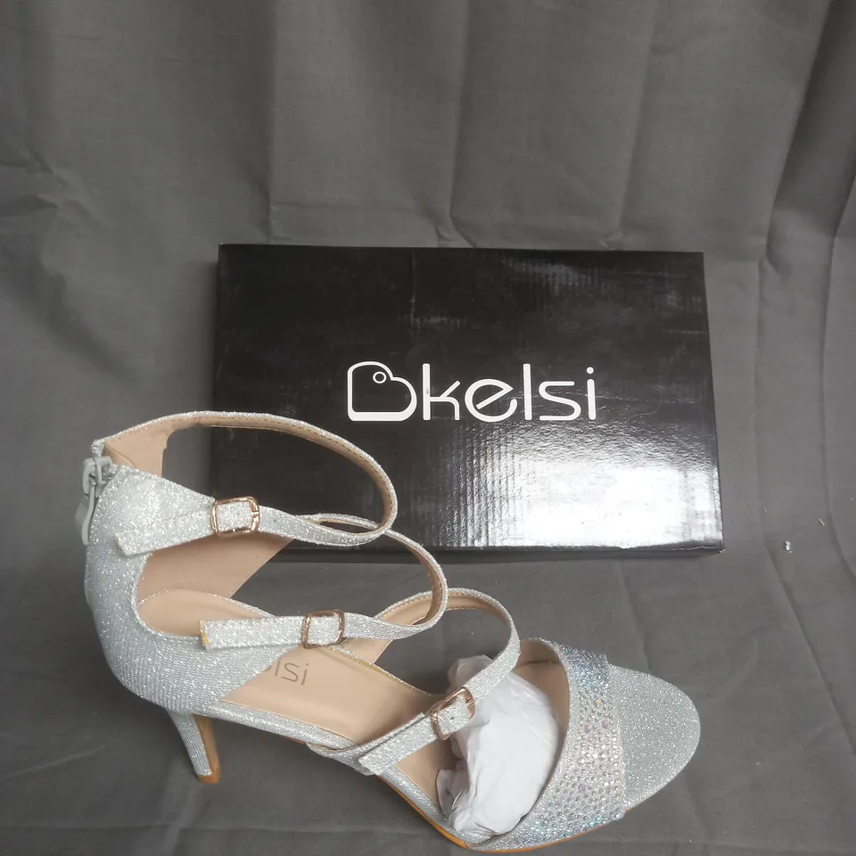 BOXED PAIR OF KELSI SILVER STRAP HEEL OPEN TOE SIZE 41