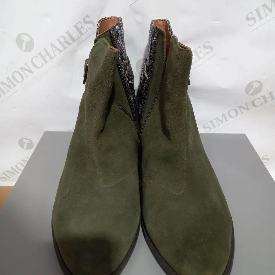 VIONIC NAOMI SNAKE ANKLE BOOTS, KHAKI - SIZE 7