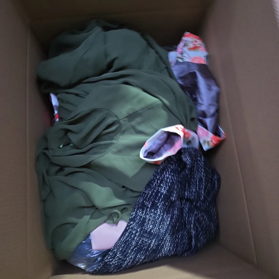 BOX OF ASSORTED CLOTHING ITEMS IN VARIOUS COLOURS, STYLE AND SIZES 