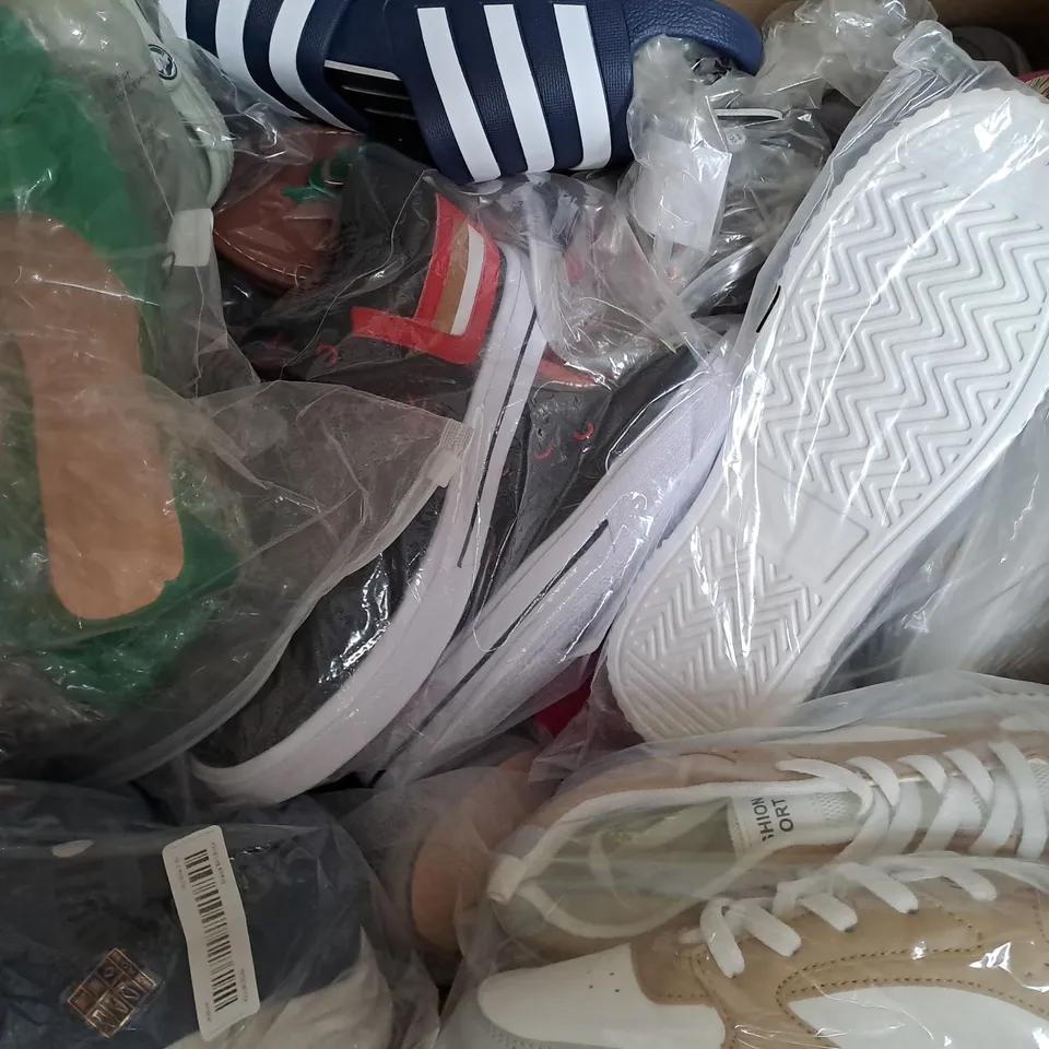 BOX OF APPROXIMATELY 15 ASSORTED PAIRS OF SHOES AND FOOTWEAR ITEMS IN VARIOUS STYLES AND SIZES TO INCLUDE SANDAL HOUSE, ETC