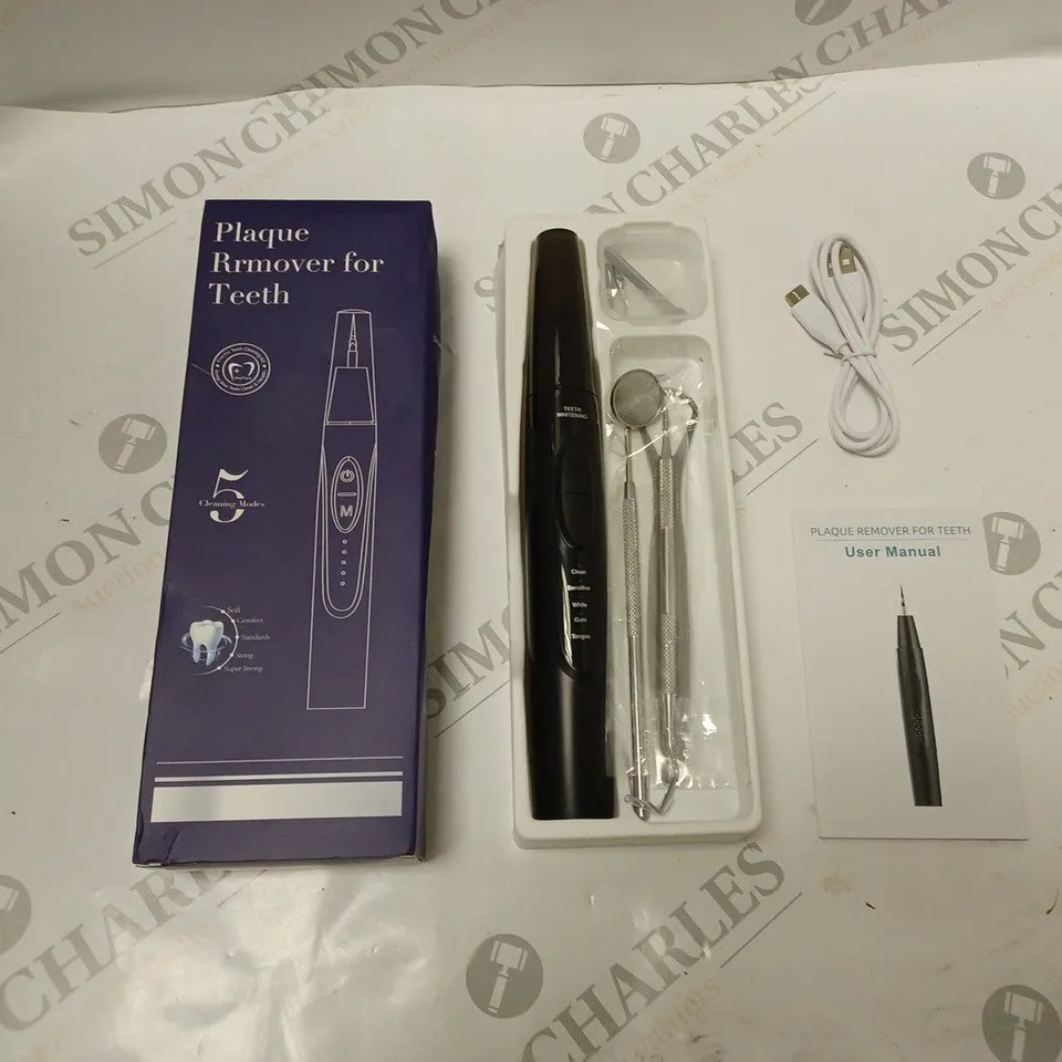 BOXED PLAQUE REMOVER FOR TEETH, WITH USB CHARGER CABLE, ACCESSORIES AND USER MANUAL 