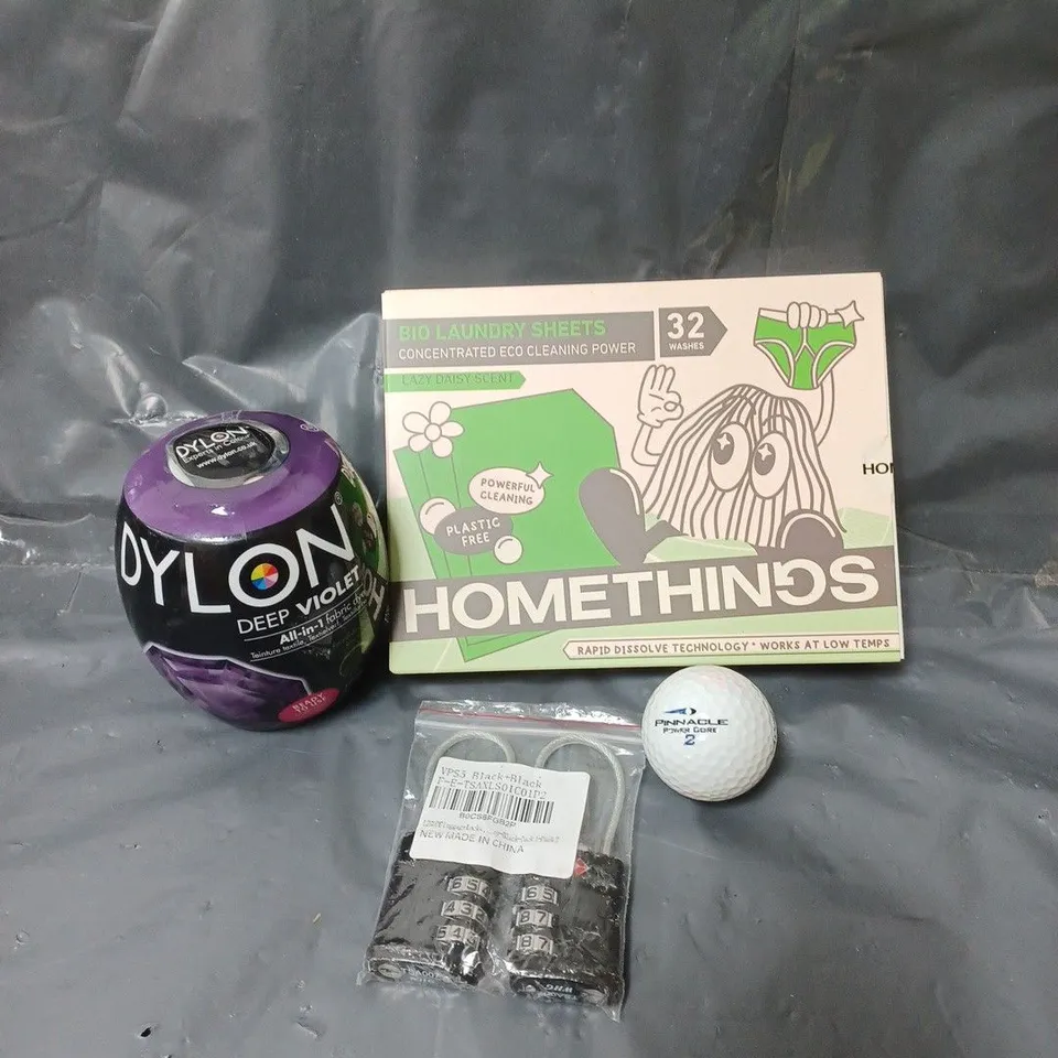 BOX OF APPROXIMATELY 15 ASSORTED HOUSEHOLD ITEMS TO INCLUDE BIO LAUNDRY SHEETS, FABRIC DYE AND PADLOCKS