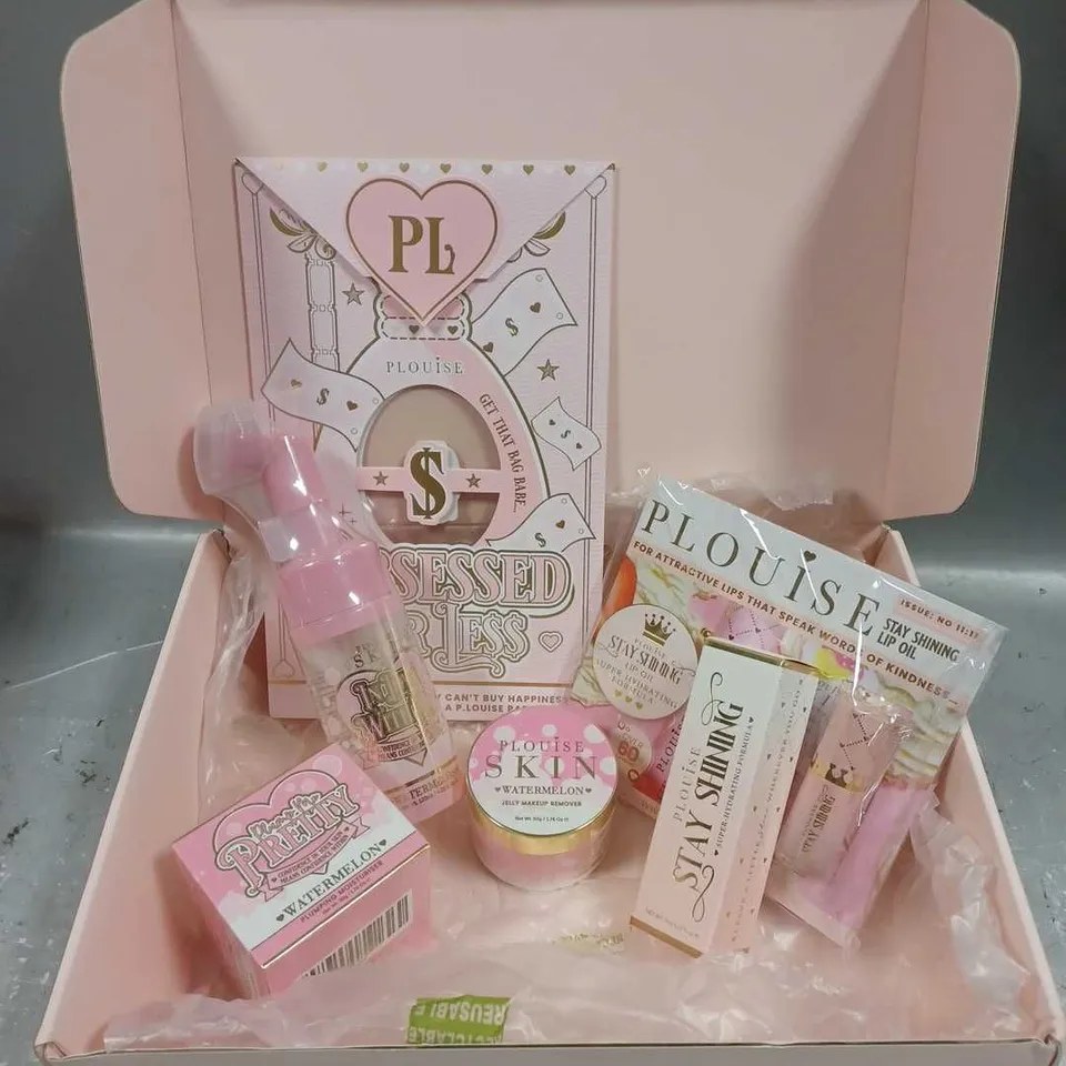 BOX OF 4 ASSORTED PLOUISE PRODUCTS TO INCLUDE -  - STAY SHINING HYDRATING LIP FORMULA IN BUBBLE BAE - WATERMELON PLUMPING MOISTURISER - WATERMELON JELLY MAKEUP REMOVER - ETC