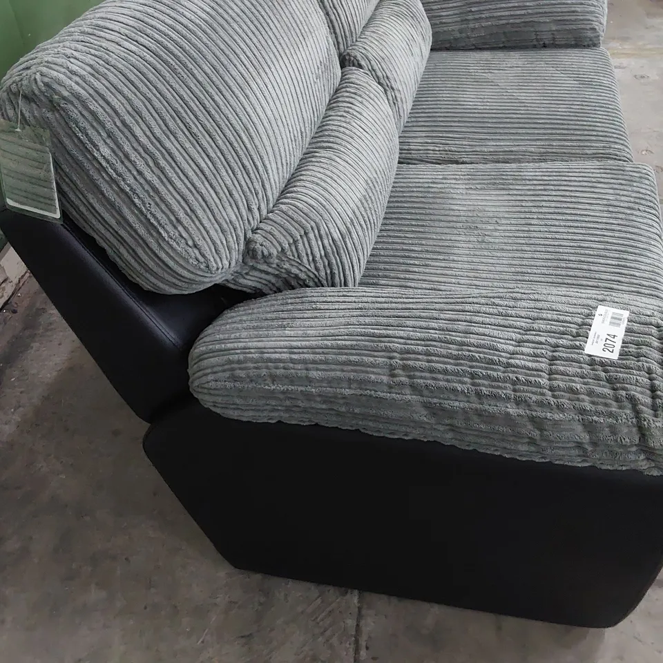 DESIGNER TWO SEATER SOFA BLACK FAUX LEATHER & GREY JUMBO CHORD
