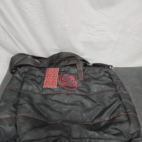 BLACK QUILTED DUFFEL BAG WITH RED STITCHING AND TAG (UNBRANDED)