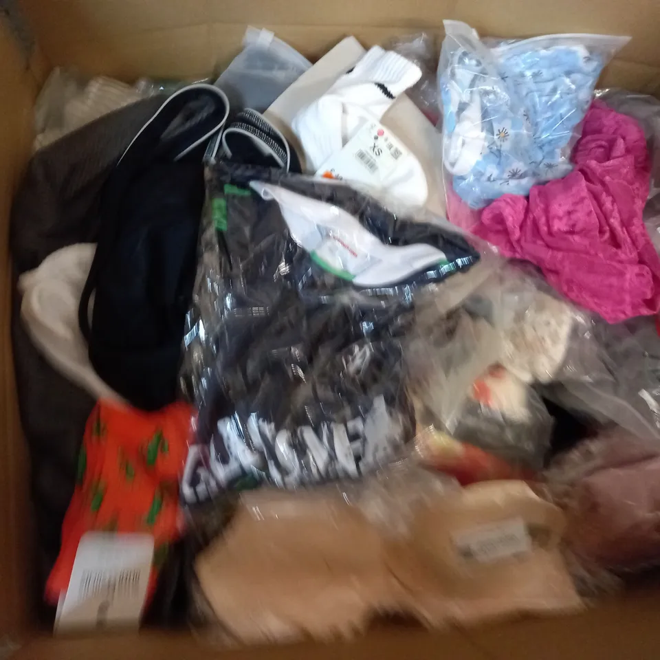  BOX OF ASSORTED CLOTHING ITEMS TOO INCLUDE DRESSES , SHIRTS AND TROUSERS IN VARIOUS SIZES AND COLOURS   
