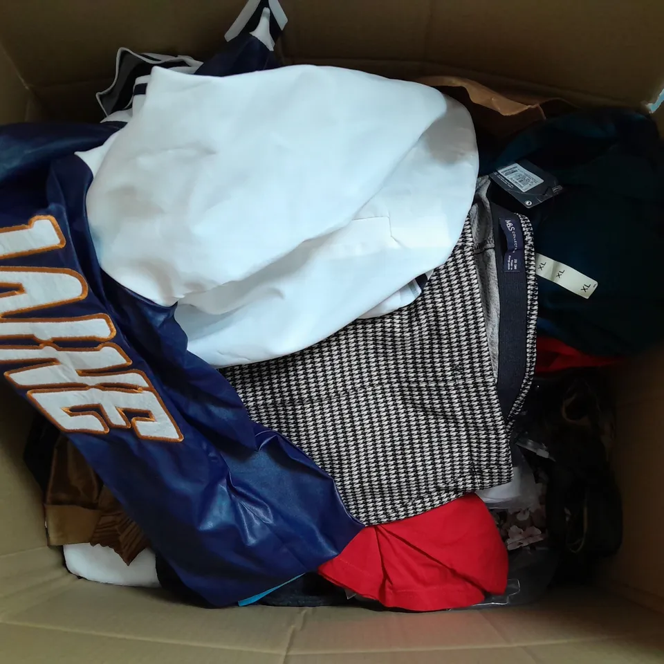 LARGE BOX OF ASSORTED CLOTHING ITEMS IN VARIOUS COLOURS AND SIZES INCLUDING TROUSERS , TOPS AND JUMPERS 