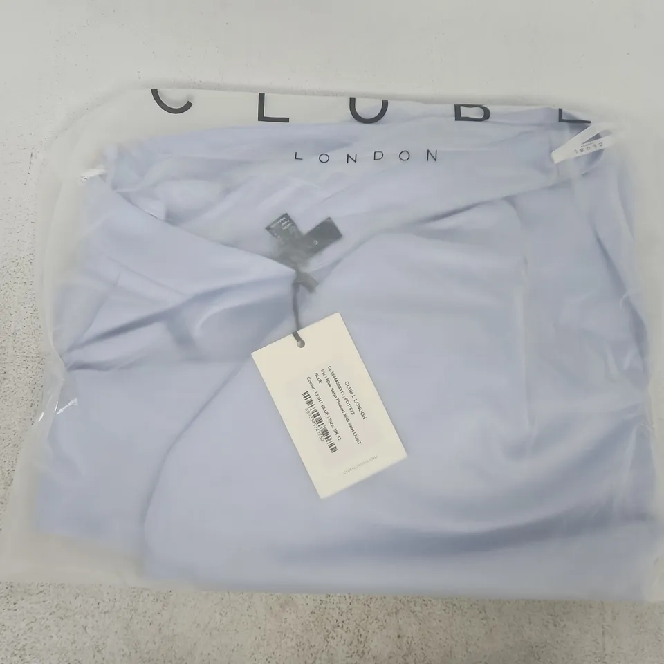 BAGGED CLUBL LONDON IRIS BLUE SATIN PLEATED MIDI SKIRT SIZE UK 12