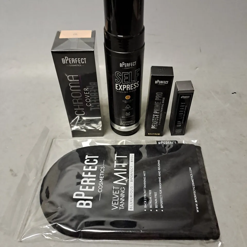 BPERFECT LOT OF 5 ASSORTED COSMETIC PRODUCTS TO INCLUDE - SELF EXPRESS TANNING MIST PASSION FRUIT - LIP LIBRARY LIP SCRUB - VELVET TANNING MITT - ETC