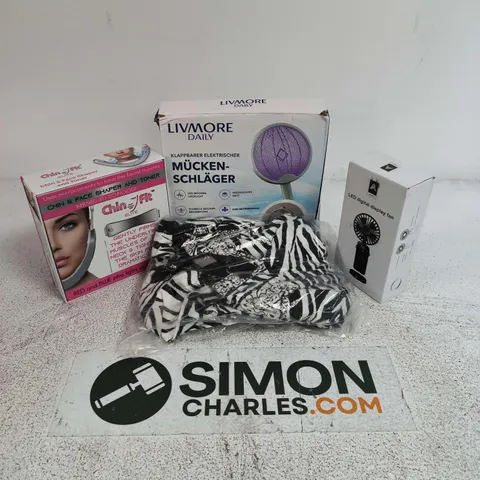 APPROXIMATELY 25 ASSORTED ITEMS TO INCLUDE CHIN & FACE TONER, LED DIGITAL DISPLAY FAN, LIVMORE MOQSUITO SWATTER, ETC - COLLECTION ONLY