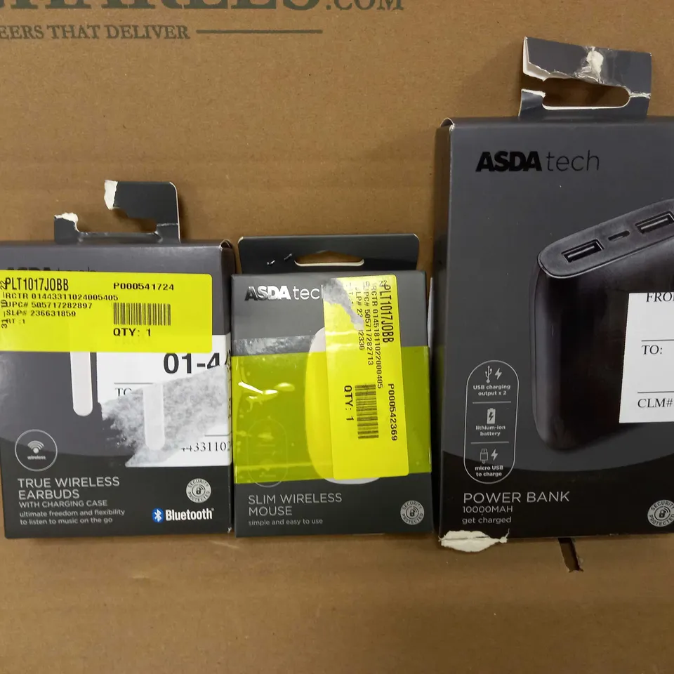 LOT OF 3 ASDA TECH ITEMS TO INCLUDE SLIM WIRELESS MOUSE, POWER BANK, TRUE WIRELESS EARBUDS 