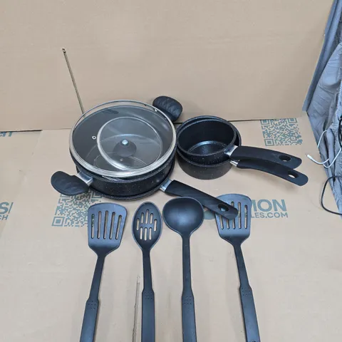 BLISS & BEYOND 12-PIECE COOKWARE SET – FORGED CARBON STEEL, MARBLE-COATED NON-STICK (BOXED)