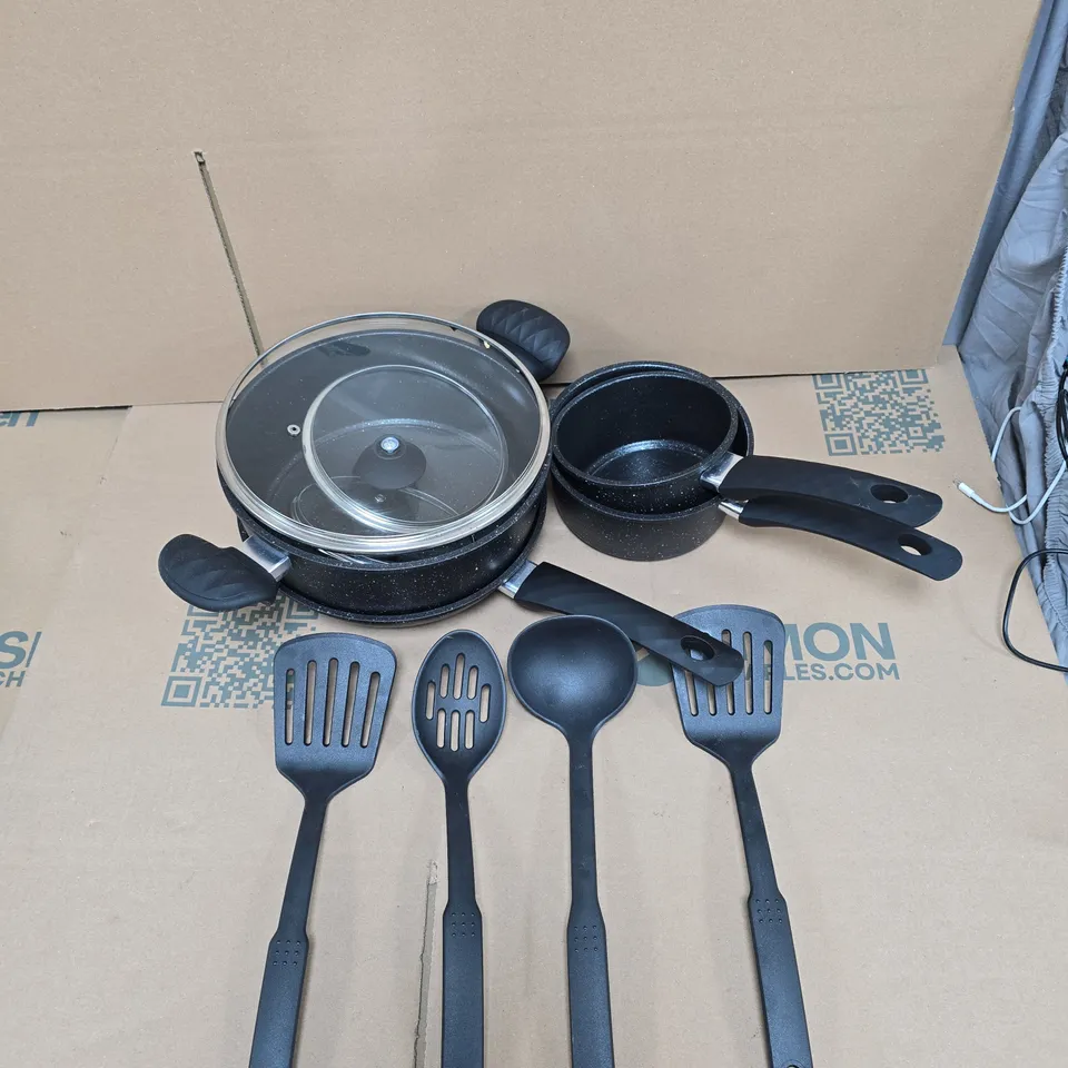BLISS & BEYOND 12-PIECE COOKWARE SET – FORGED CARBON STEEL, MARBLE-COATED NON-STICK (BOXED)