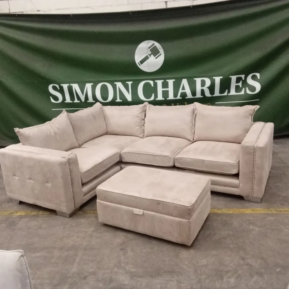 QUALITY DESIGNER SUEDE CORNER SOFA WITH FOOTSTOOL