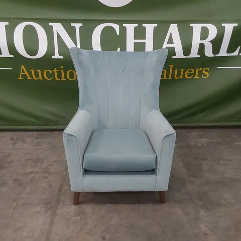 DESIGNER TURQUOISE VELVET UPHOLSTERED TALL WING-BACK CHAIR