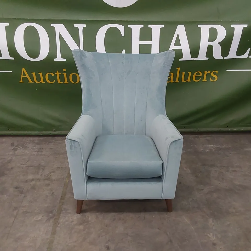 DESIGNER TURQUOISE VELVET UPHOLSTERED TALL WING-BACK CHAIR