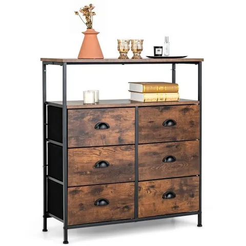 BOXED COSTWAY 2-TIER DRESSER WITH 6 REMOVABLE FABRIC DRAWERS AND WOODEN TOP