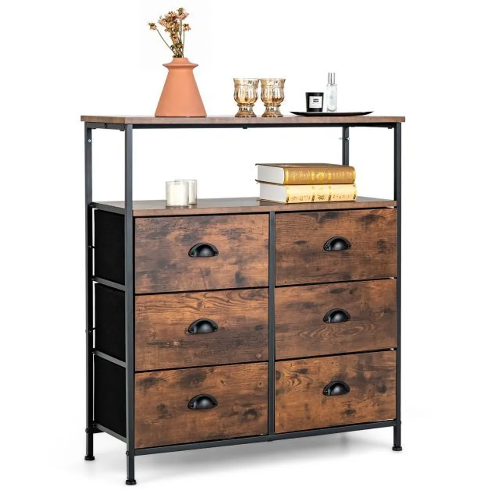 BOXED COSTWAY 2-TIER DRESSER WITH 6 REMOVABLE FABRIC DRAWERS AND WOODEN TOP