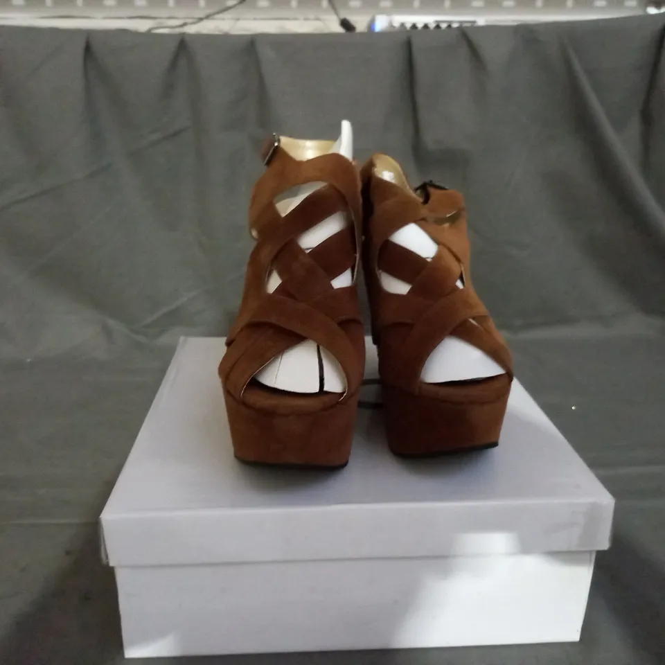 APPROXIMATELY 10 BOXED PAIR OF KOI BROWN SUEDE WEDGE SANDALS IN VARIOUS SIZES TO INCLUDE SIZE 5 
