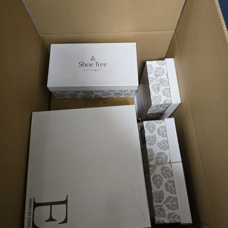 BOX OF APPROXIMATELY 12 ASSORTED PAIRS OF SHOES IN VARIOUS STLYLES , COLOURS AND SIZES