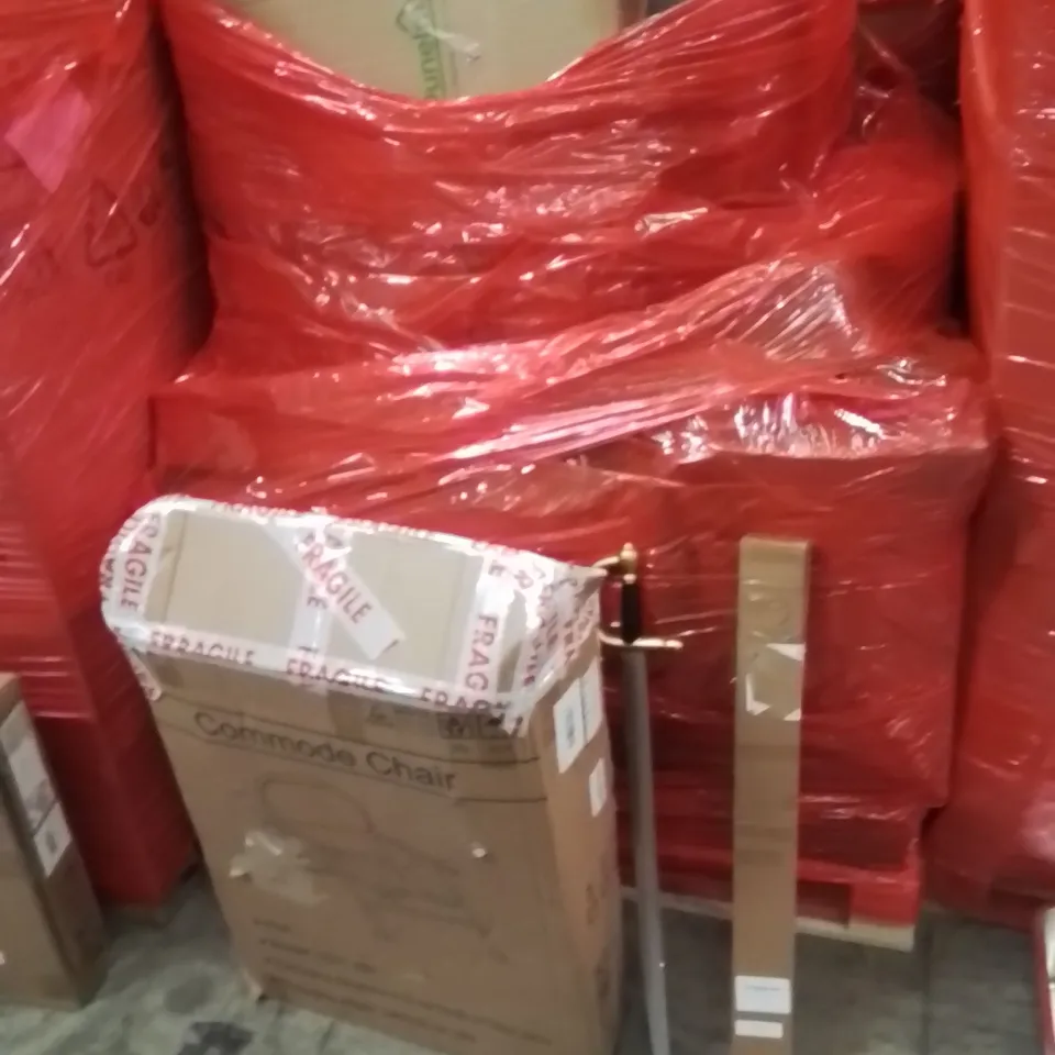 PALLET OF ASSORTED HOUSEHOLD GOODS AND PRODUCTS TO INCLUDE;AQUARIUM LED LIGHT,KIDS SWORD,COMMODE CHAIR 