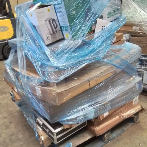 PALLET OF ASSORTED HOUSEHOLD GOODS AND PRODUCTS TO INCLUDE;LAWN MOWER,BRIEFCASE,FLATPACKED FURNITURE,KETTLE 
