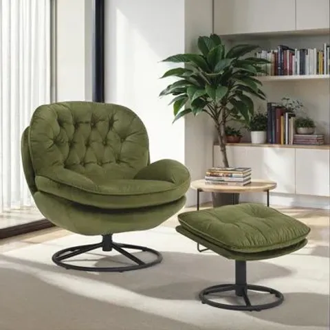 BOXED VELVET SWIVEL CHAIR WITH FOOTSTOOL  -SAGE GREEN-
