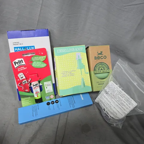 APPROXIMATELY 12 ASSORTED HOUSEHOLD ITEMS TO INCLUDE MODELING PASTE, BECO POOP BAGS, PRITT STICK, ETC