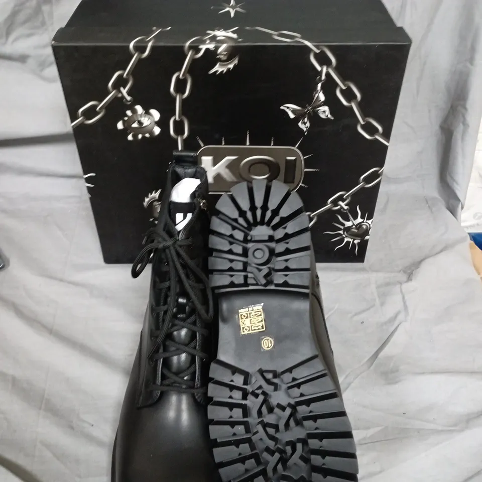 KOI BLACK LEATHER COMBAT BOOTS – BOXED - UK 10 